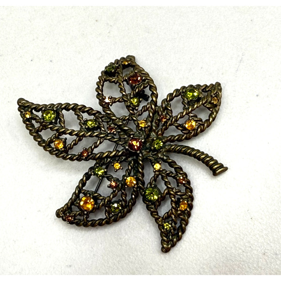 Vintage Avon Rhinestone Brooch Openwork Leaf Gold, Green Sparkling Gemstones - Picture 1 of 8
